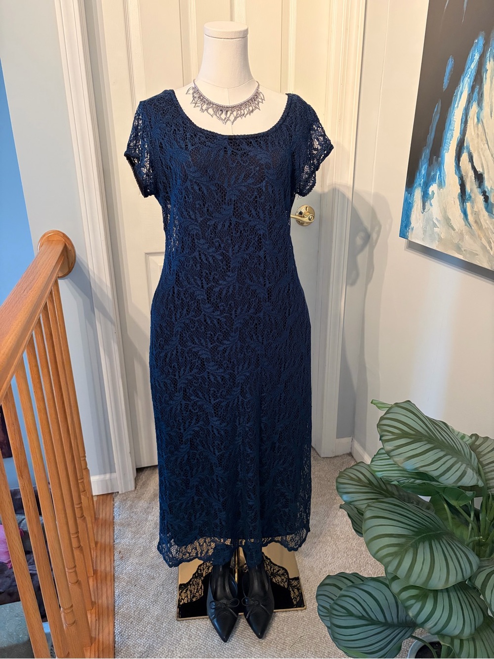 Classic Navy Lace Midi Dress with Scoop Neck